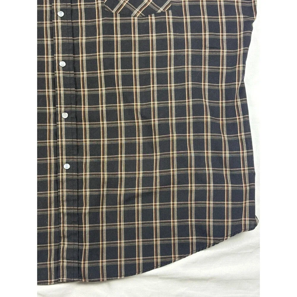 Ely Cattleman Western Shirt Mens XL Black Brown Plaid Pearl Snap Short Sleeve